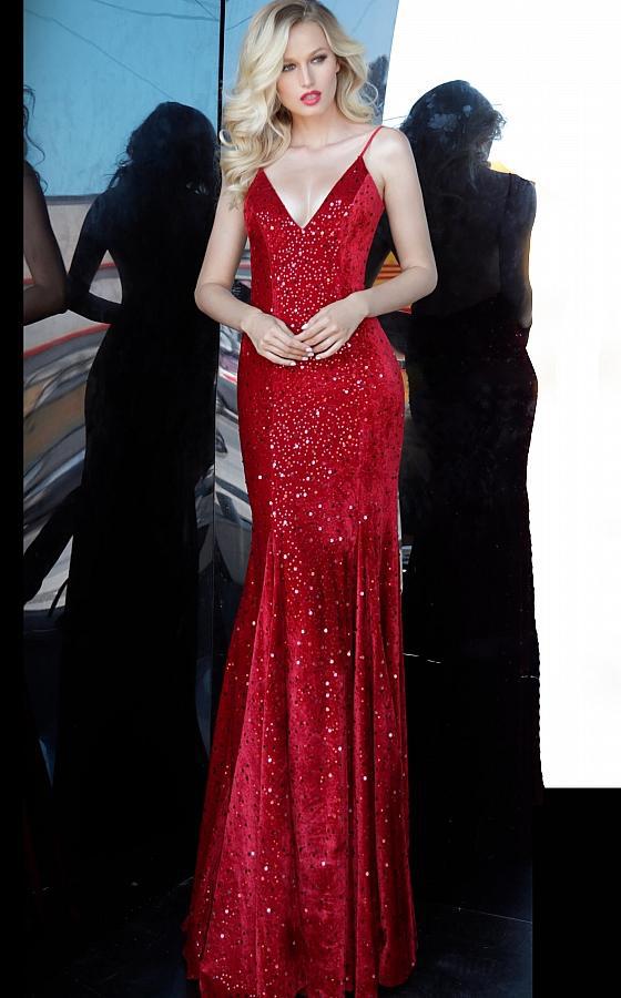 Jovani - 63895 Embellished Plunging V-neck Trumpet Dress In Red