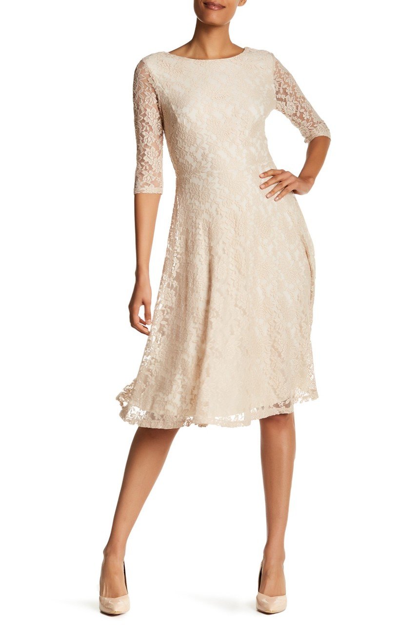 Sangria AMYKV27 - Tea-Length A-Line Dress - Floral Lace, Sheer Quarter Sleeves, V-Cut Open Back, Invisible Back Zipper, Hook And Eye Closure, Embroidered Mesh, Flared Skirt, Tea Length Hem ADASA Sangria AMYKV27 - Tea-Length A-Line Dress - Floral Lace, Sheer Quarter Sleeves, V-Cut Open Back, Invisible Back Zipper, Hook And Eye Closure, Embroidered Mesh, Flared Skirt, Tea Length Hem ADASA