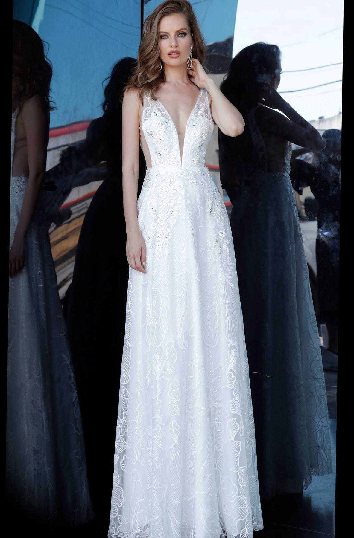 Jovani - 66168 Floral Appliqued Sequin Lace Gown In White