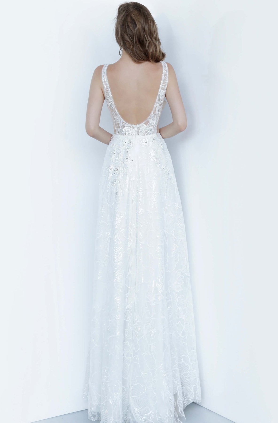 Jovani - 66168 Floral Appliqued Sequin Lace Gown In White