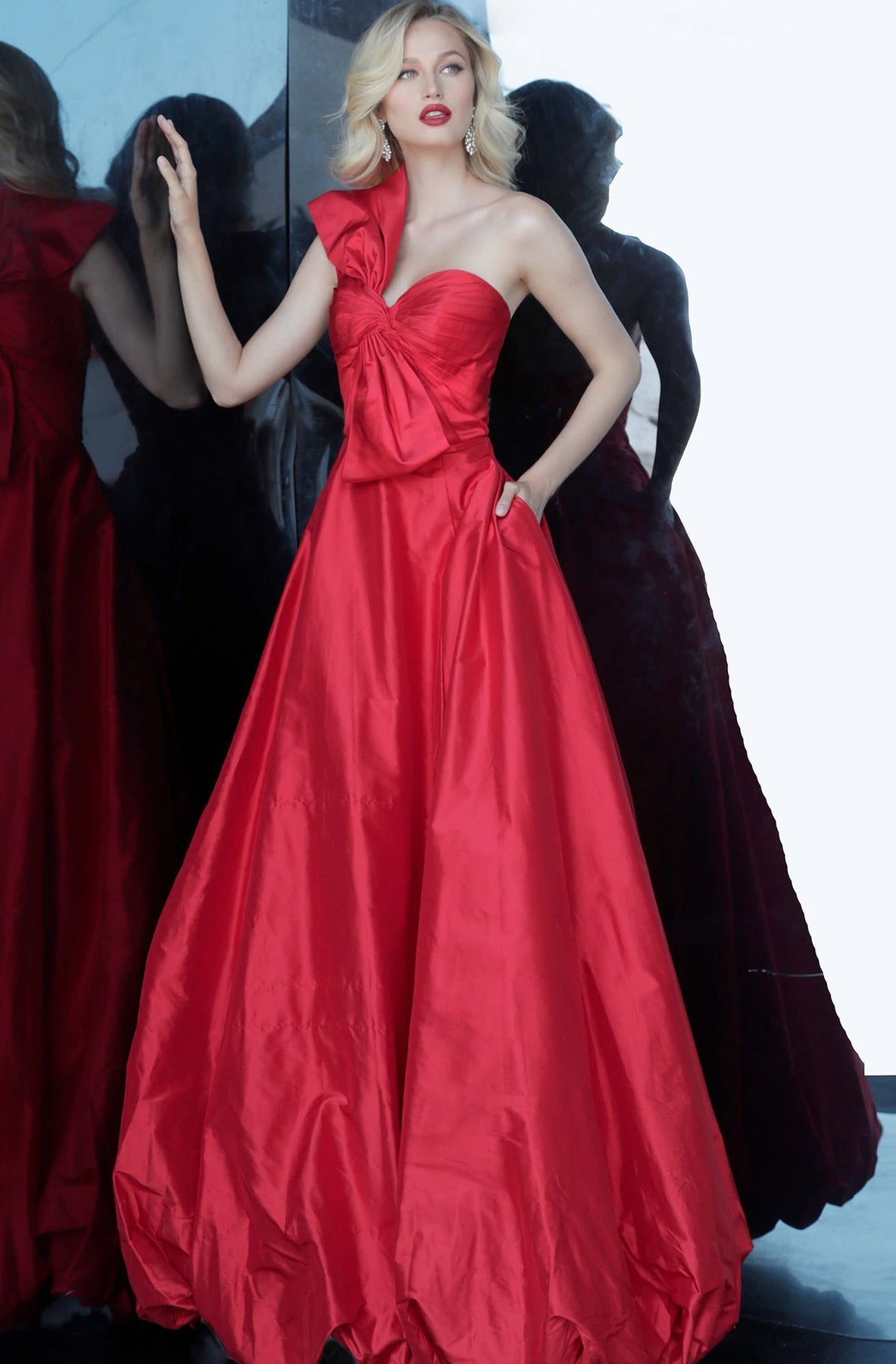 Jovani - 66320 One Shoulder Sweetheart Neck Bow Accent Ballgown In Red