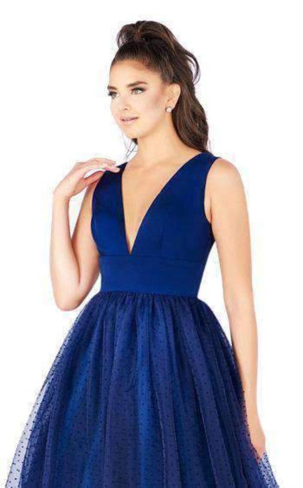 Mac Duggal Flash - 66738L Sleeveless Jersey Swiss Dot Skirt Gown in Blue