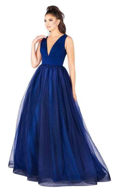 Mac Duggal Flash - 66738L Sleeveless Jersey Swiss Dot Skirt Gown in Blue