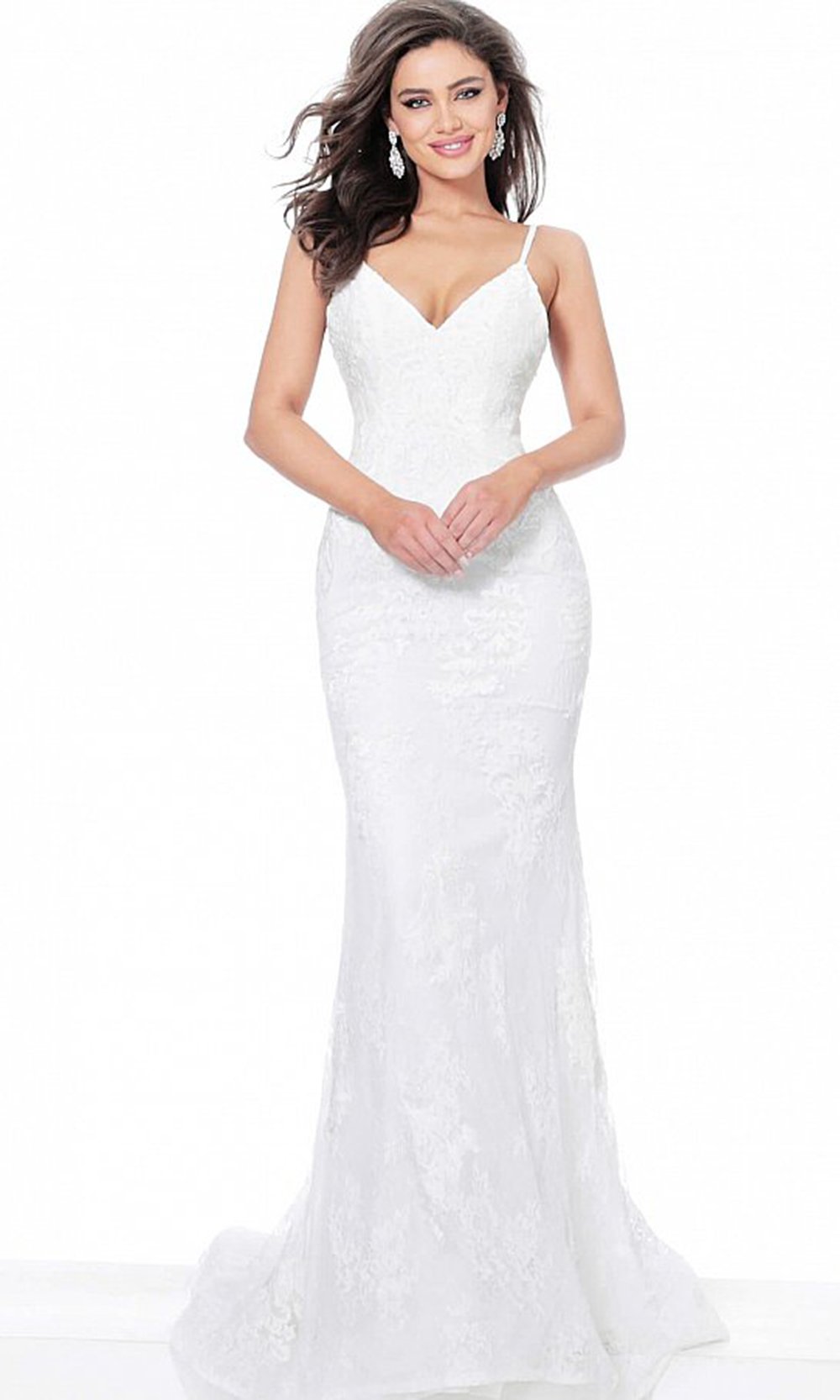 Jovani - 67122 V Neck Embroidered Sheath Evening Dress In White