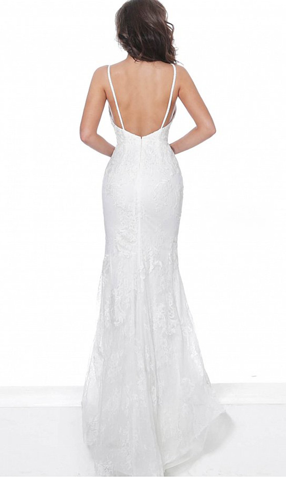 Jovani - 67122 V Neck Embroidered Sheath Evening Dress In White