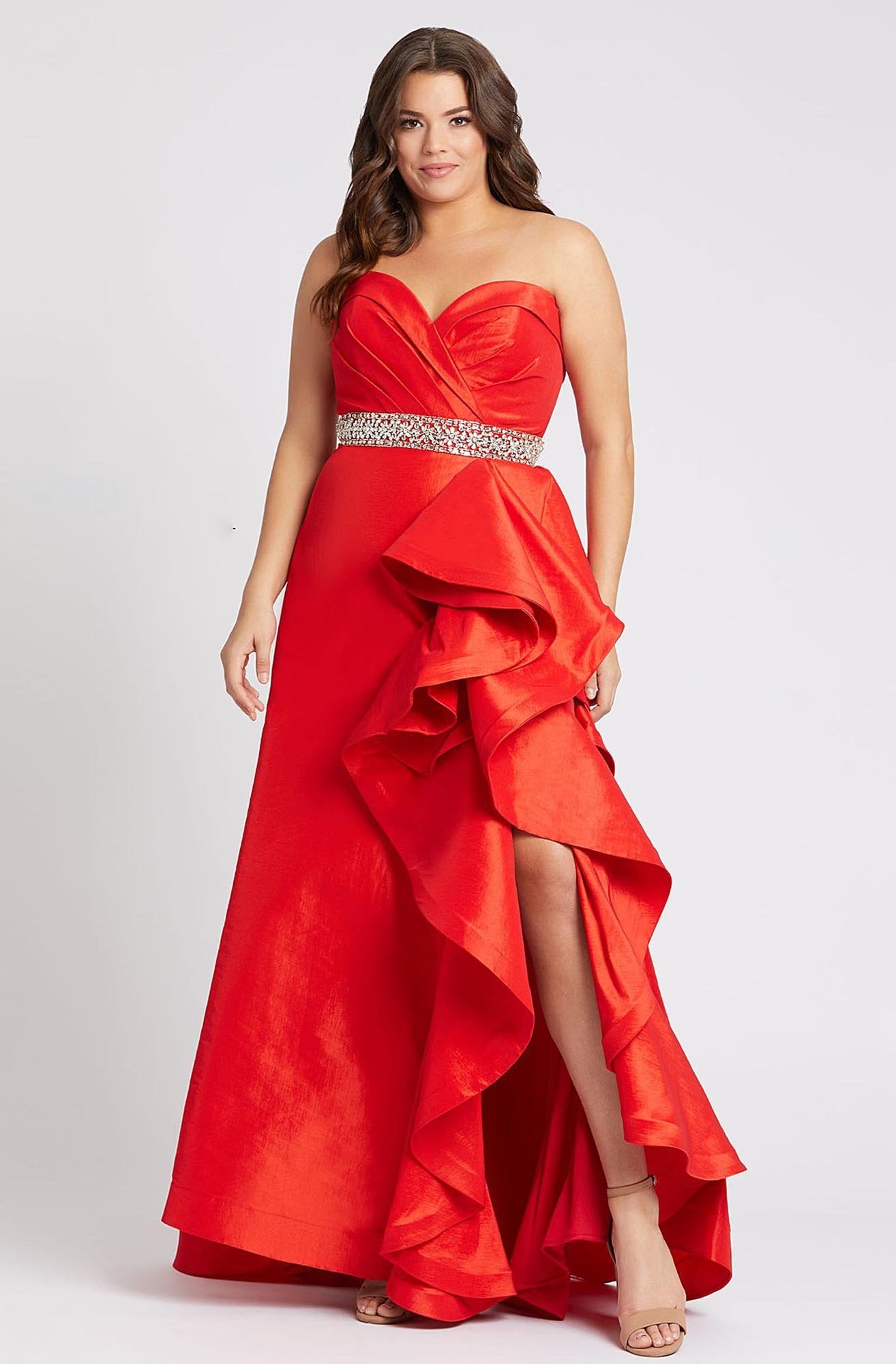 Mac Duggal Fabulouss - 67215F Strapless Beaded Band A-line Dress In Red