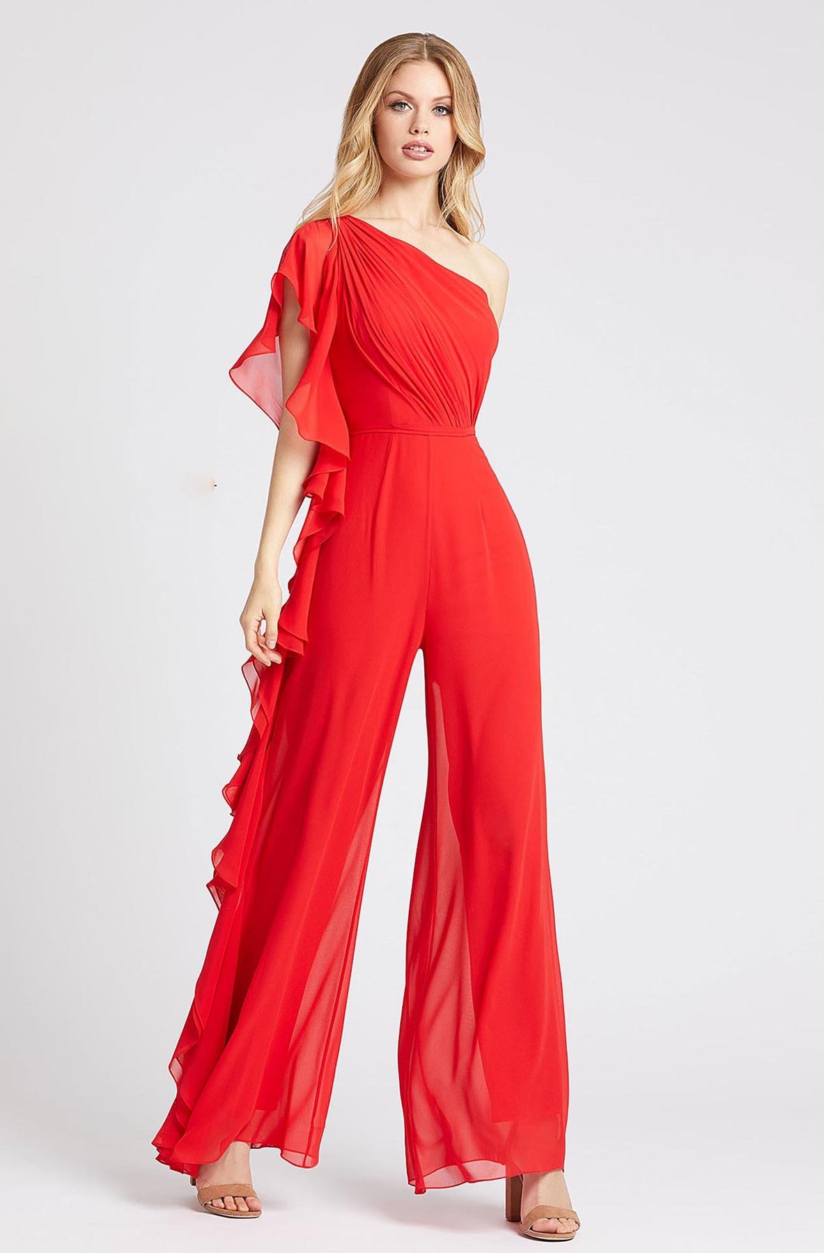 Mac Duggal Flash - 67381L Asymmetric Neckline Long Jumpsuit In Red