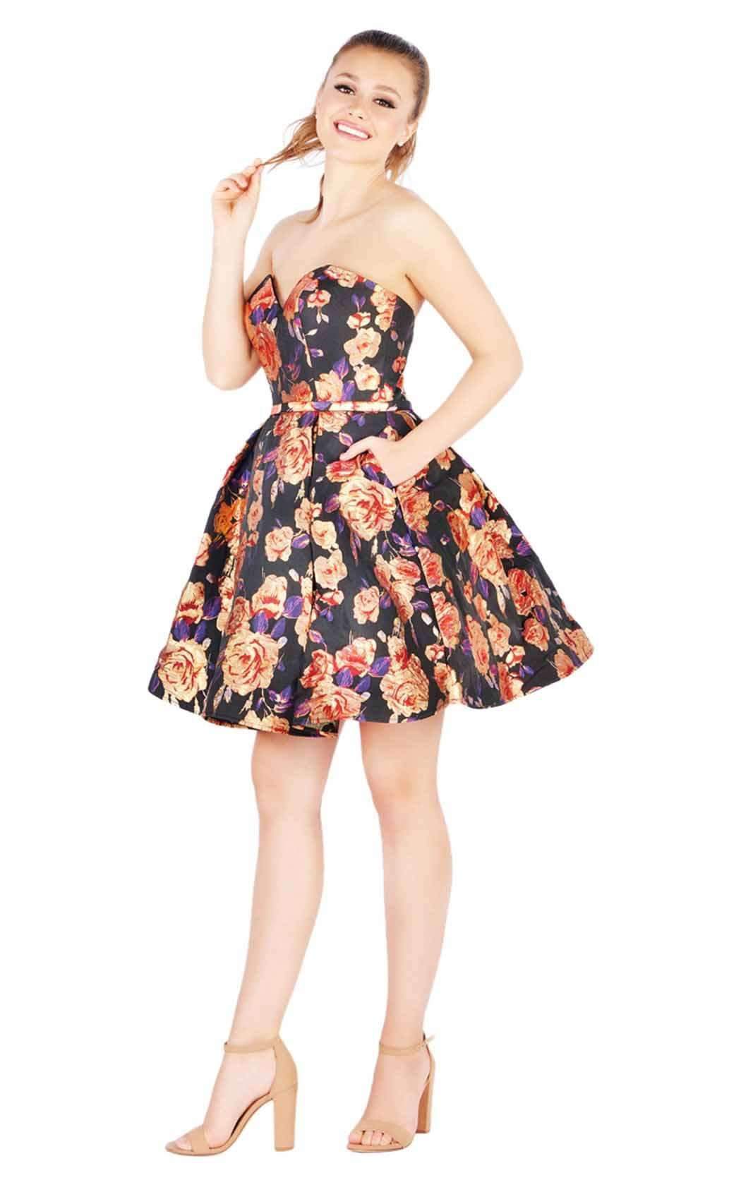 Mac Duggal Cocktail - 67641N Strapless Floral A-Line Cocktail Dress in Black and Gold