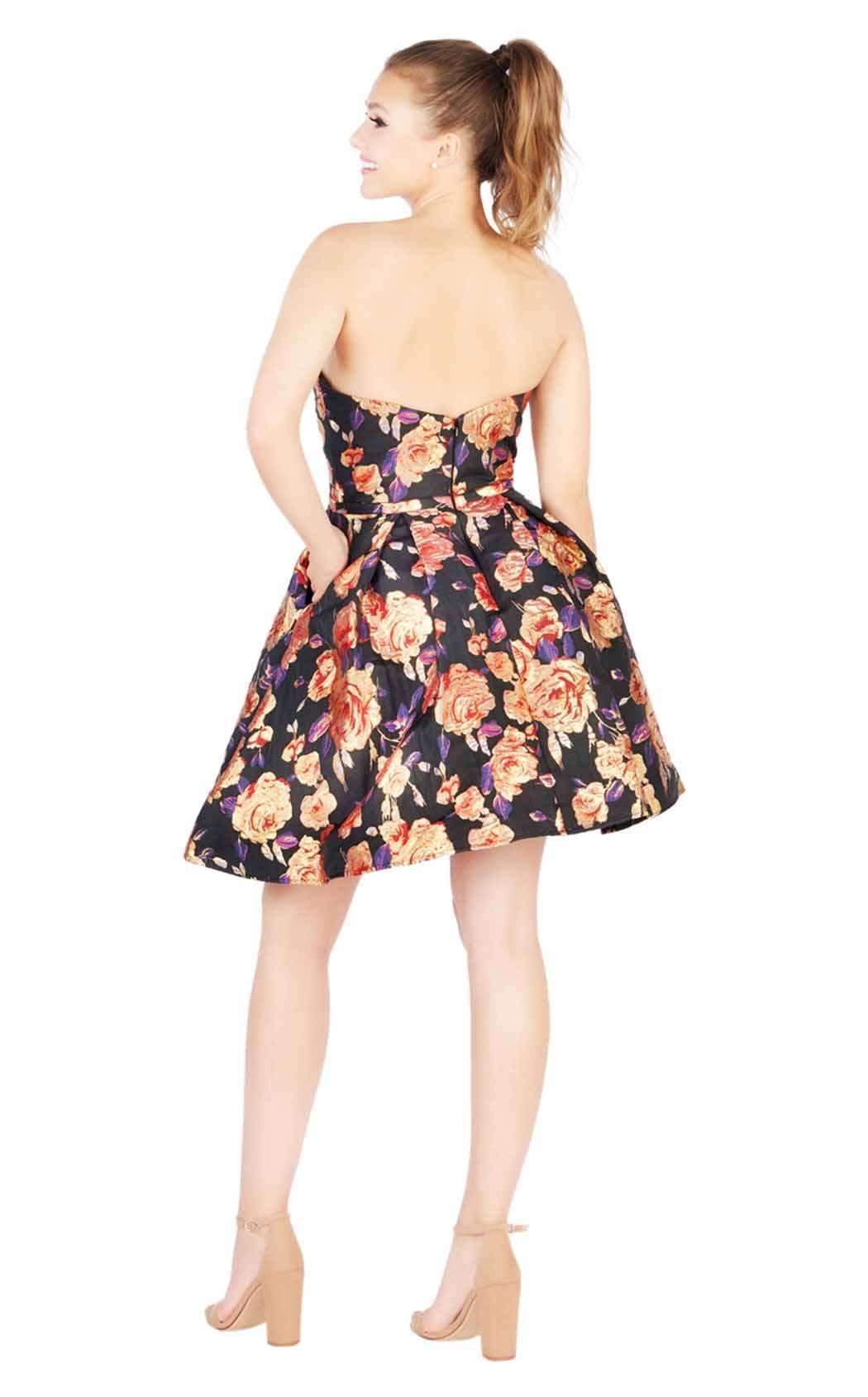 Mac Duggal Cocktail - 67641N Strapless Floral A-Line Cocktail Dress in Black and Gold