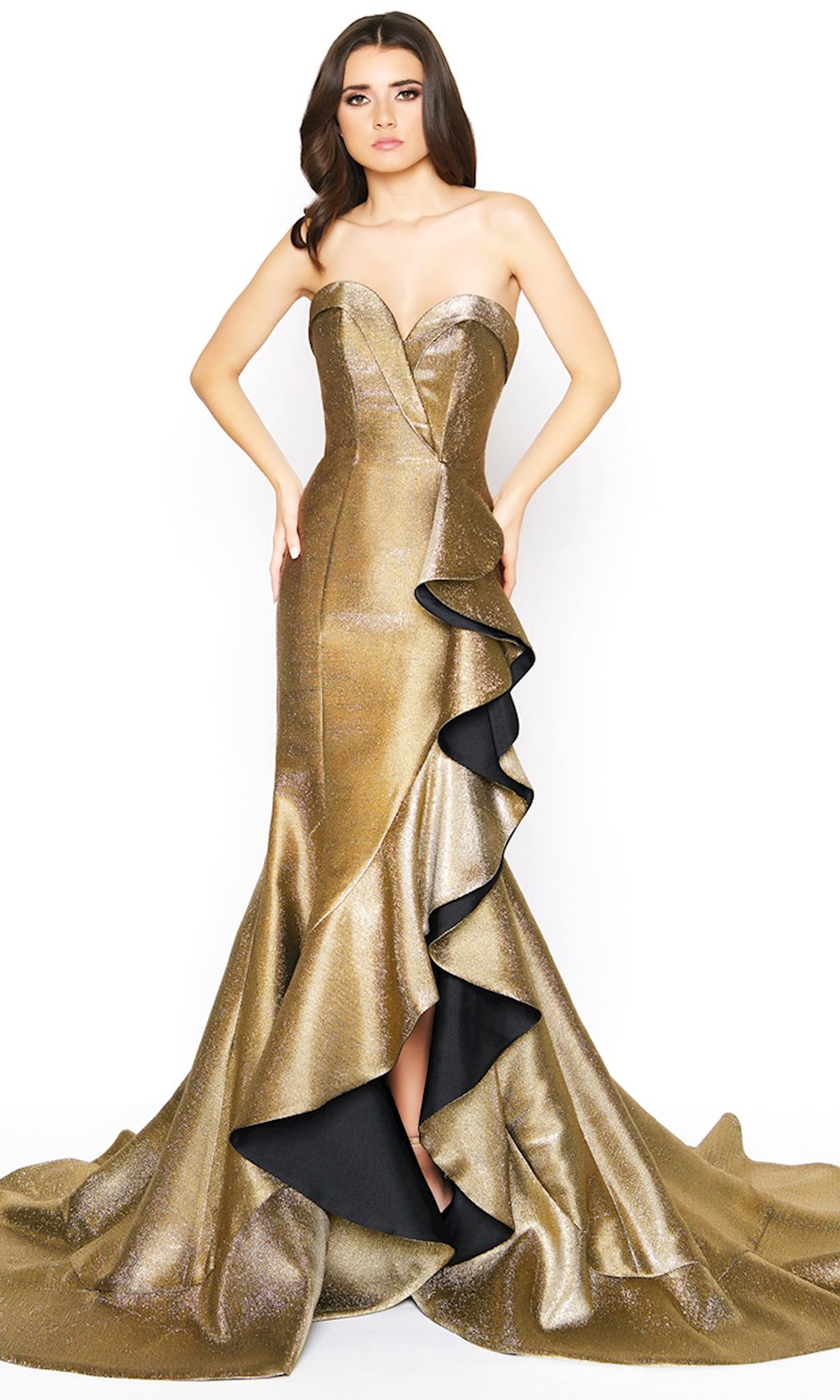Mac Duggal 67662 - Long Trumpet Dress - Metallic Fabric, Strapless, Fitted Bodice, Ruffle Slit, Trumpet Skirt, Chapel Train, Mid-Open Back ADASA Mac Duggal 67662 - Long Trumpet Dress - Metallic Fabric, Strapless, Fitted Bodice, Ruffle Slit, Trumpet Skirt, Chapel Train, Mid-Open Back ADASA