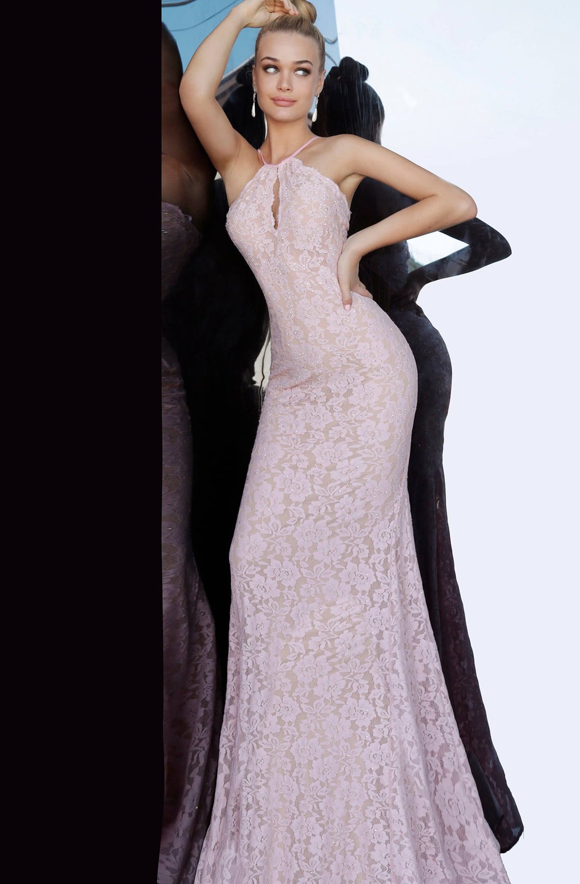 Jovani - 68431 Keyhole Halter Beaded Lace Gown In Pink