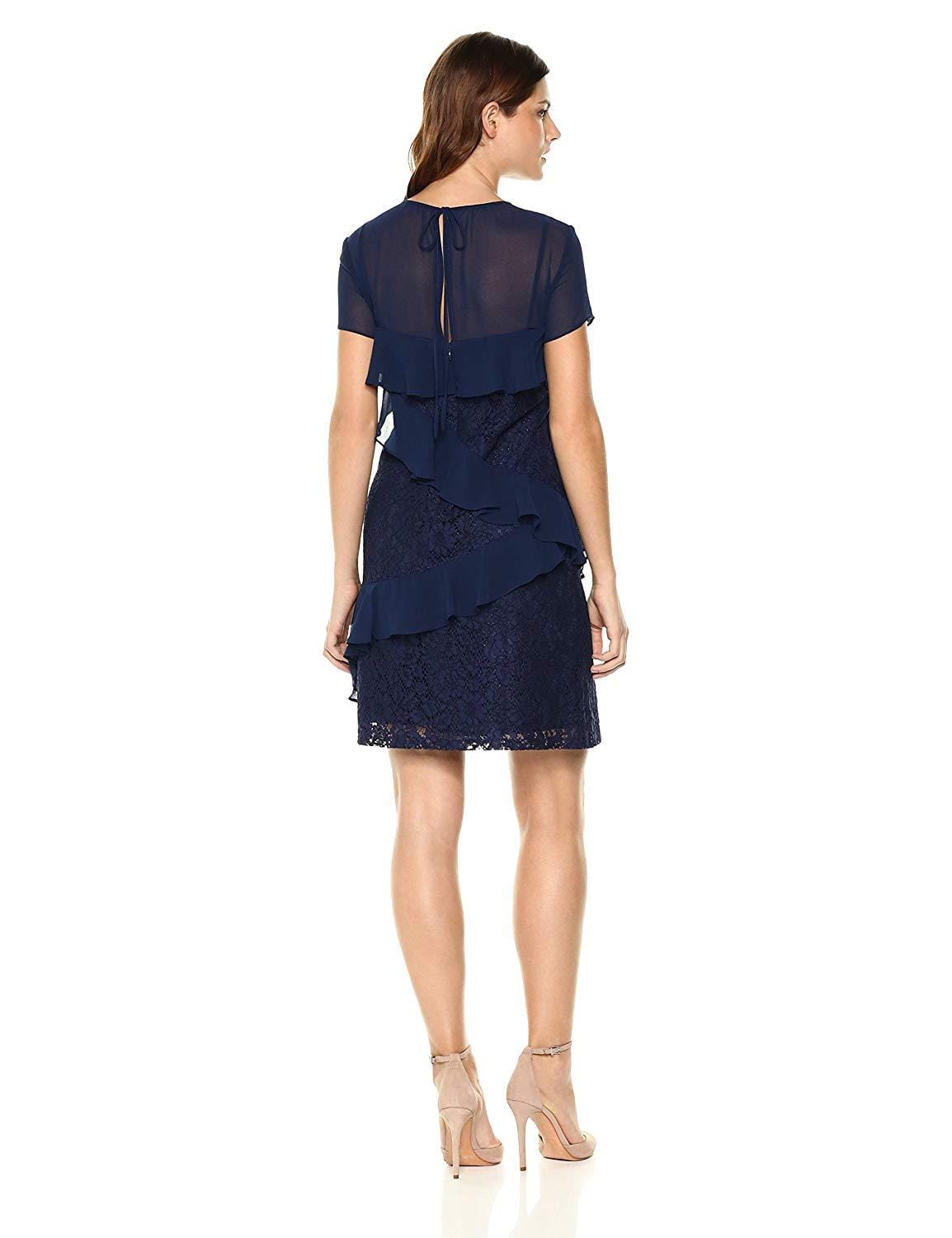 Donna Morgan - D5578M Floral Lace Ruffled Sheath Dress In Blue