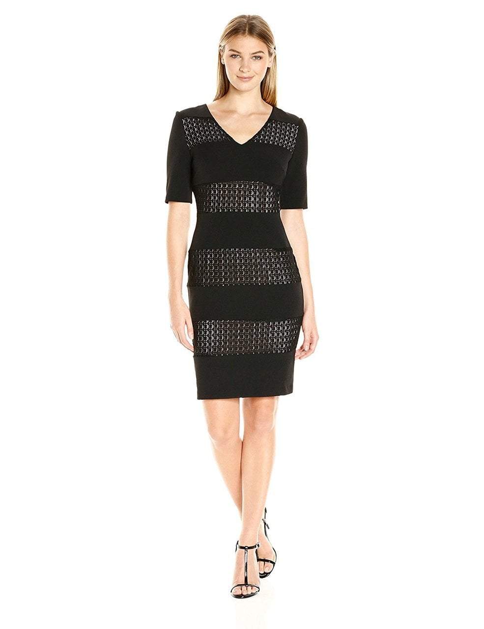 London Times - T2293M Short Sleeve Banded Sheath Dress in Black and Neutral