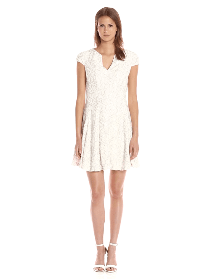 Julia Jordan 36438 - Short A-Line Dress - Split Neckline, Cap Sleeve,  Zipper Back, Pleated, Floral Lace Dress  ADASA