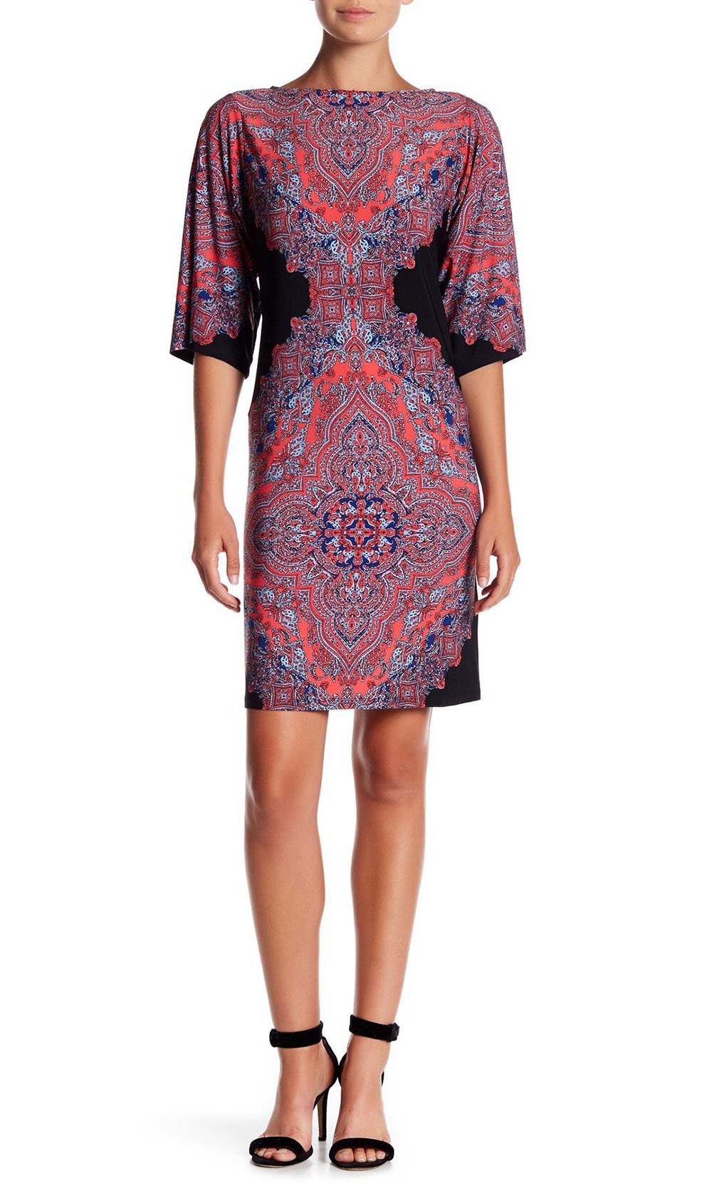 Maggy London - T2961M Elbow Sleeve Persian Medallion Print Dress In Black and Multi-Color
