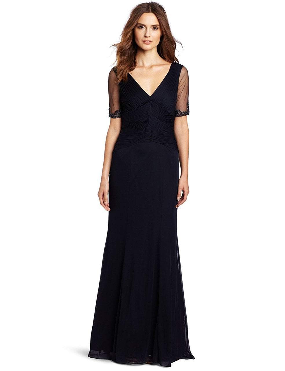 Adrianna Papell 81870060 - Long Sheath Dress - Quarter Length Sleeves, Keyhole Back, Beaded Sleeves And Back, Ruched Bodice, Zipper Back, Chiffon (100% Polyester) Lining (100% Polyester) ADASA Adrianna Papell 81870060 - Long Sheath Dress - Quarter Length Sleeves, Keyhole Back, Beaded Sleeves And Back, Ruched Bodice, Zipper Back, Chiffon (100% Polyester) Lining (100% Polyester) ADASA