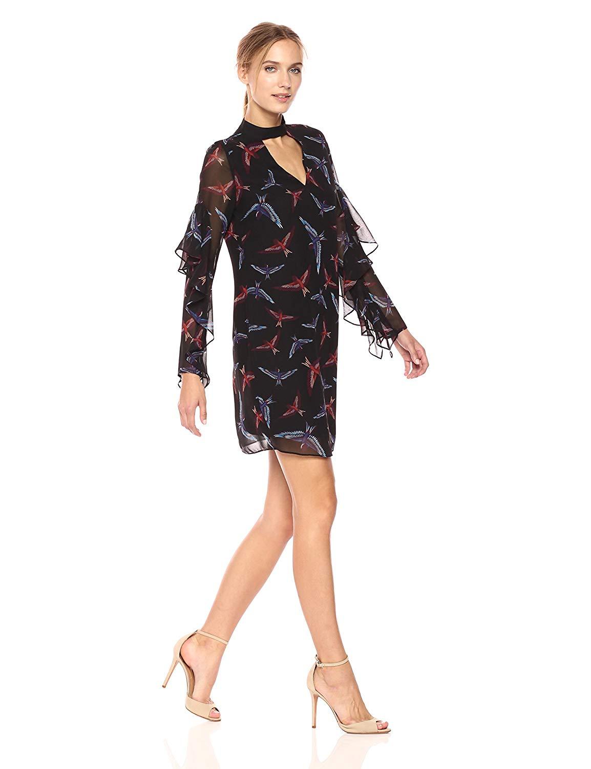 Sam Edelman 64H091 - Short Chiffon Sheath Dress - Bird Print, Ruffled Cascade, Long Sleeves, Inverted Triangle Cutout, Full Back, Back Zipper Closure, Short Hem ADASA Sam Edelman 64H091 - Short Chiffon Sheath Dress - Bird Print, Ruffled Cascade, Long Sleeves, Inverted Triangle Cutout, Full Back, Back Zipper Closure, Short Hem ADASA