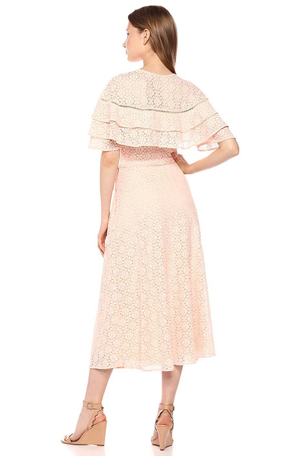 Taylor - 9584M Tiered Lace V-Neck A-Line Dress In Pink