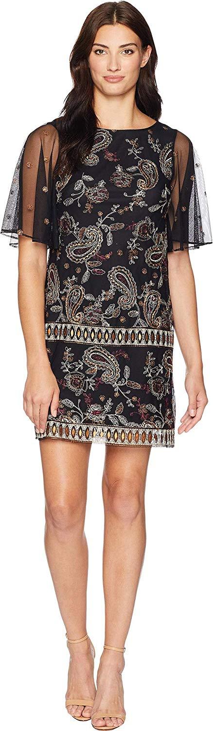 Adrianna Papell - AP1D102626 Embroidered Sheer Sleeves Cocktail Dress In Black and Multi-Color