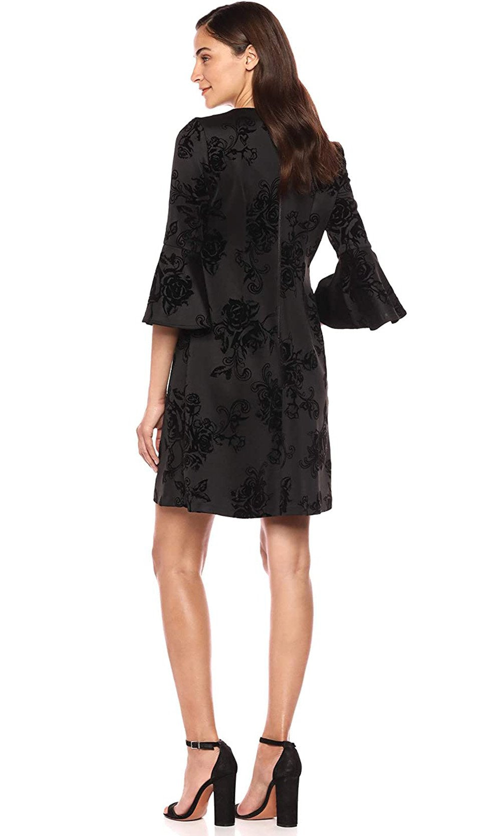 Gabby Skye - 18474M Floral Jacquard Bell Sleeve Seam Down Short Dress In Black