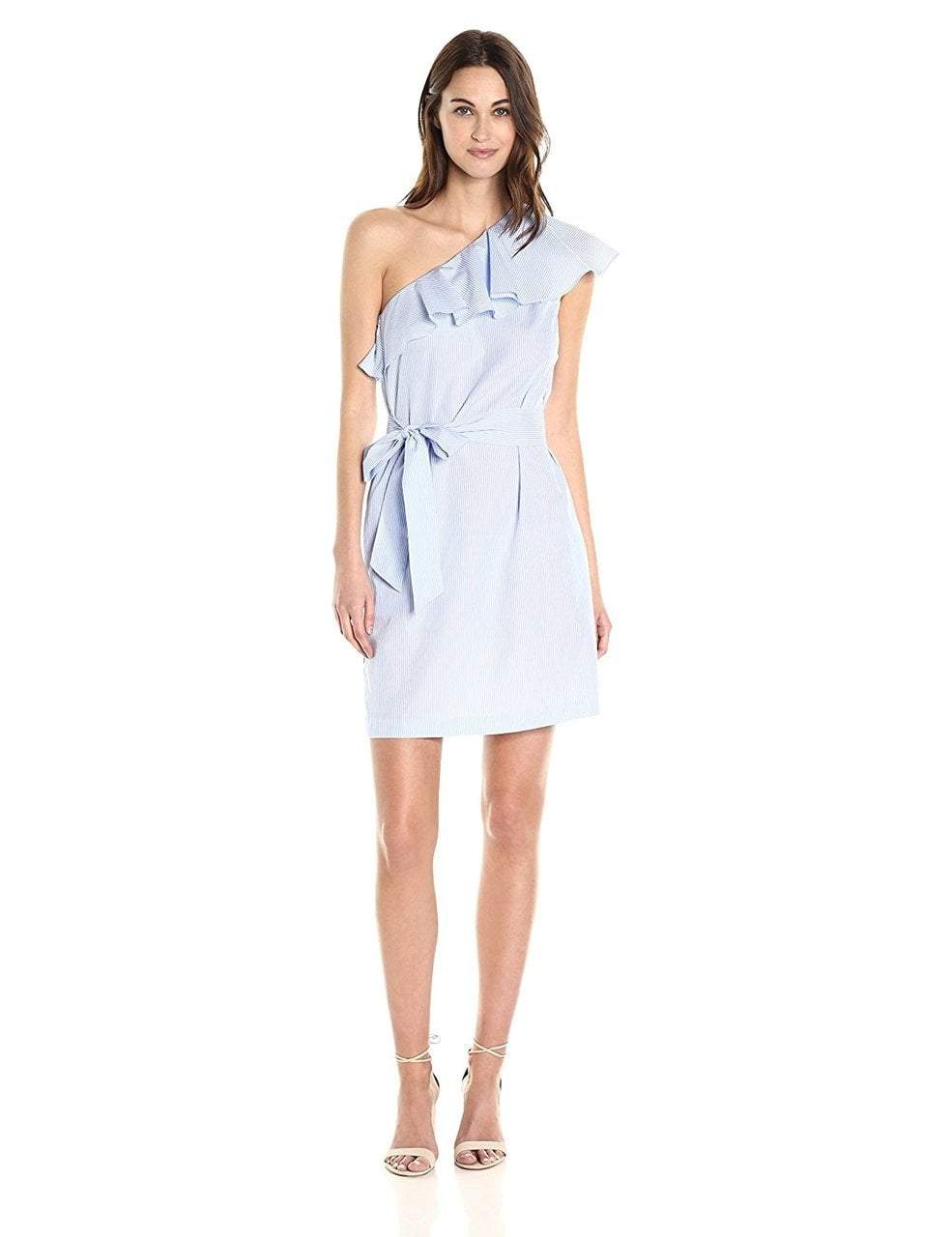 Donna Morgan - D5239M Ruffled Asymmetric A-line Dress in Blue and White