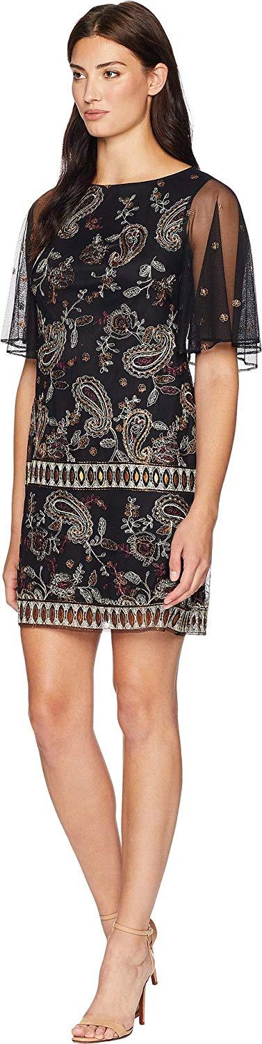 Adrianna Papell - AP1D102626 Embroidered Sheer Sleeves Cocktail Dress In Black and Multi-Color