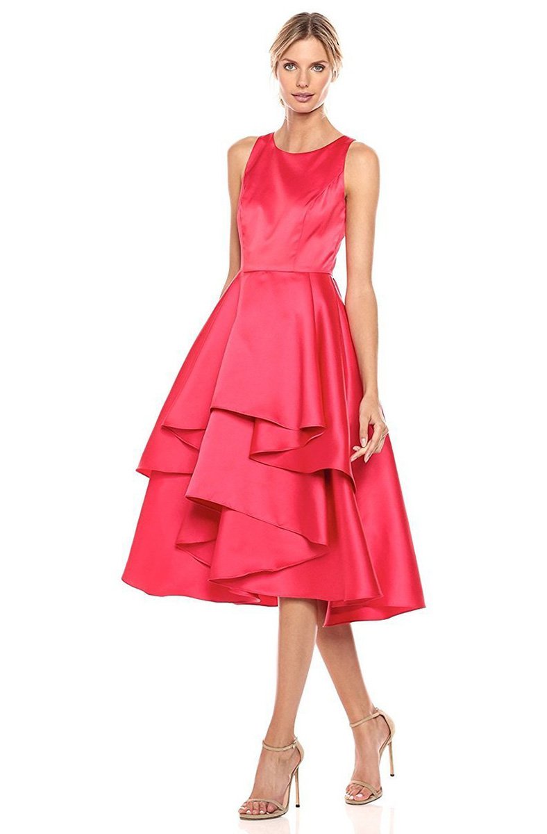 Adrianna Papell AP1E201685 - Tea-Length A-Line Dress - Sleeveless, Seams,  Mikado, Tiered Layers, Full Back, Back Zipper Closure, Box Pleats, Tea  Length  ADASA