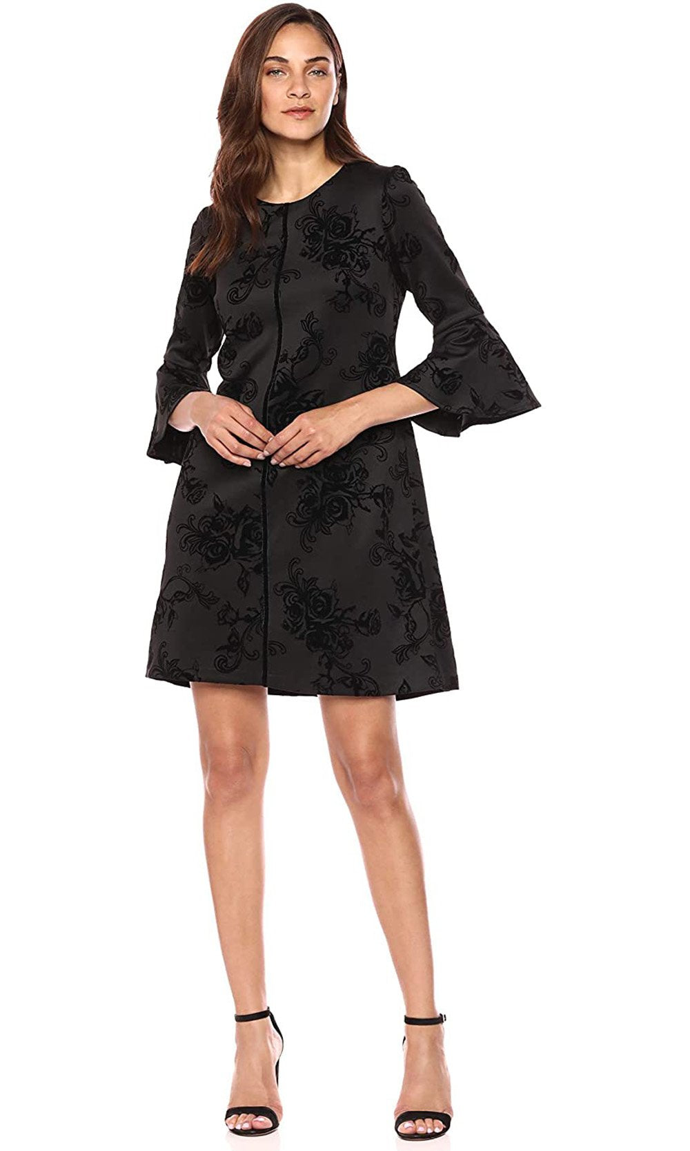 Gabby Skye - 18474M Floral Jacquard Bell Sleeve Seam Down Short Dress In Black
