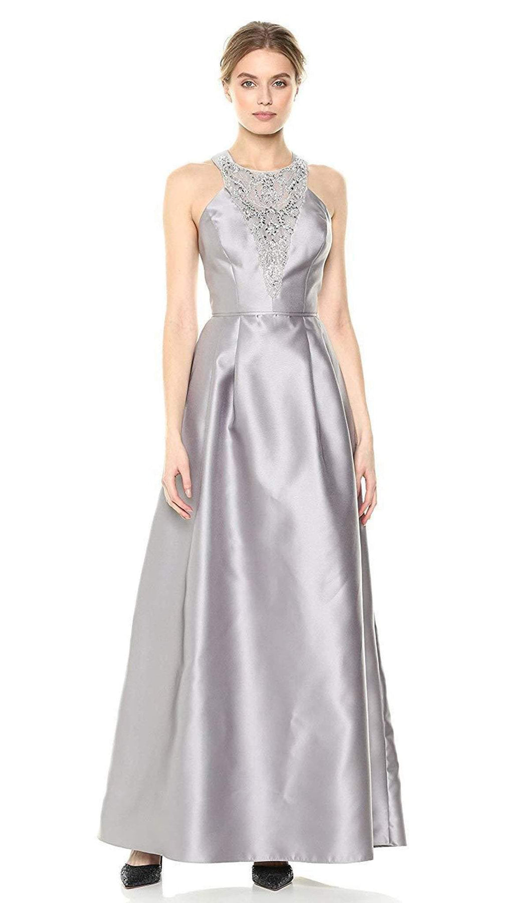 Adrianna Papell - AP1E203176 Embellished Halter Long A-line Dress In Silver