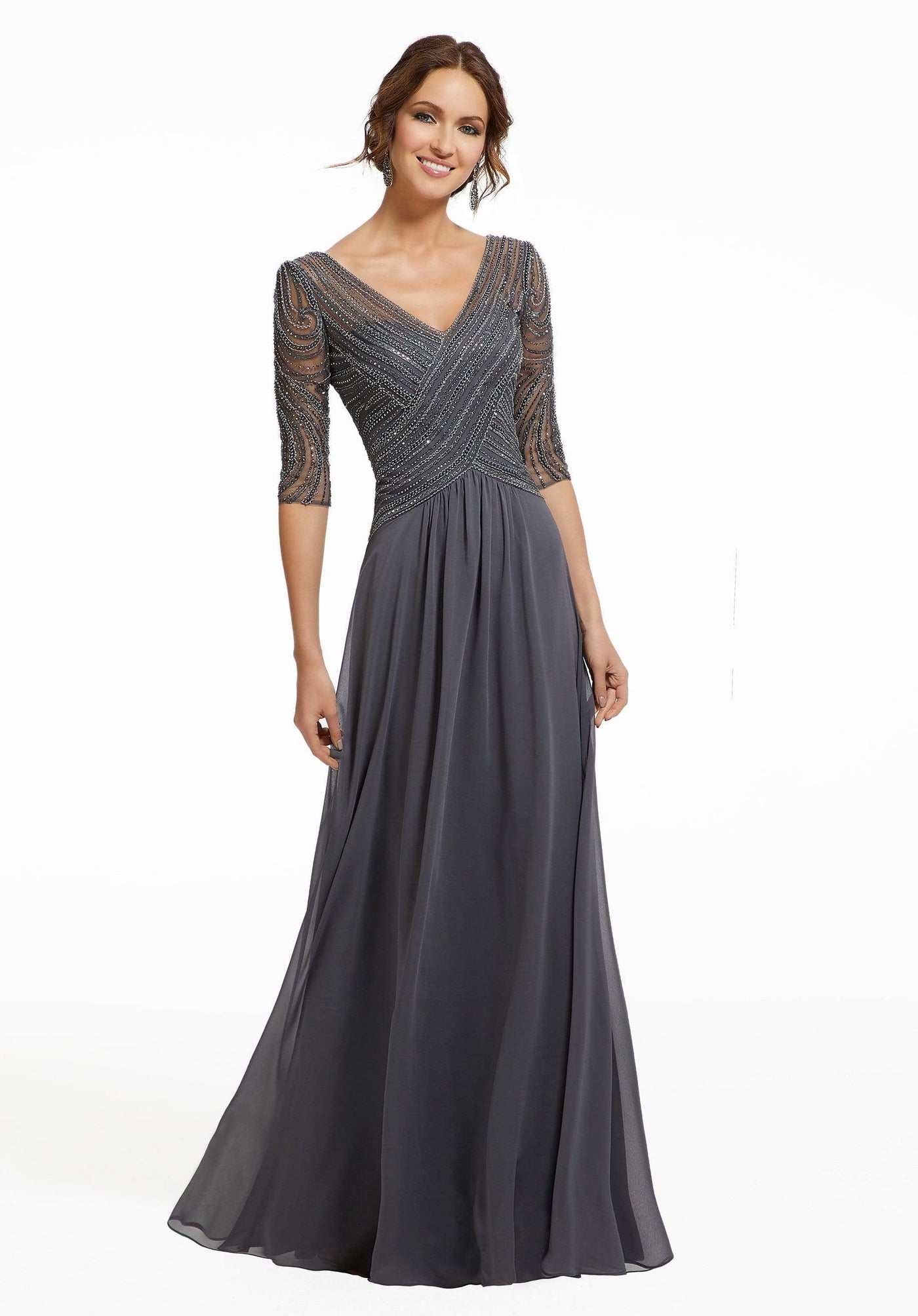 MGNY By Mori Lee - 72028 Beaded V-Neck A-Line Evening Dress Mother of the Bride Dresses 0 / Charcoal