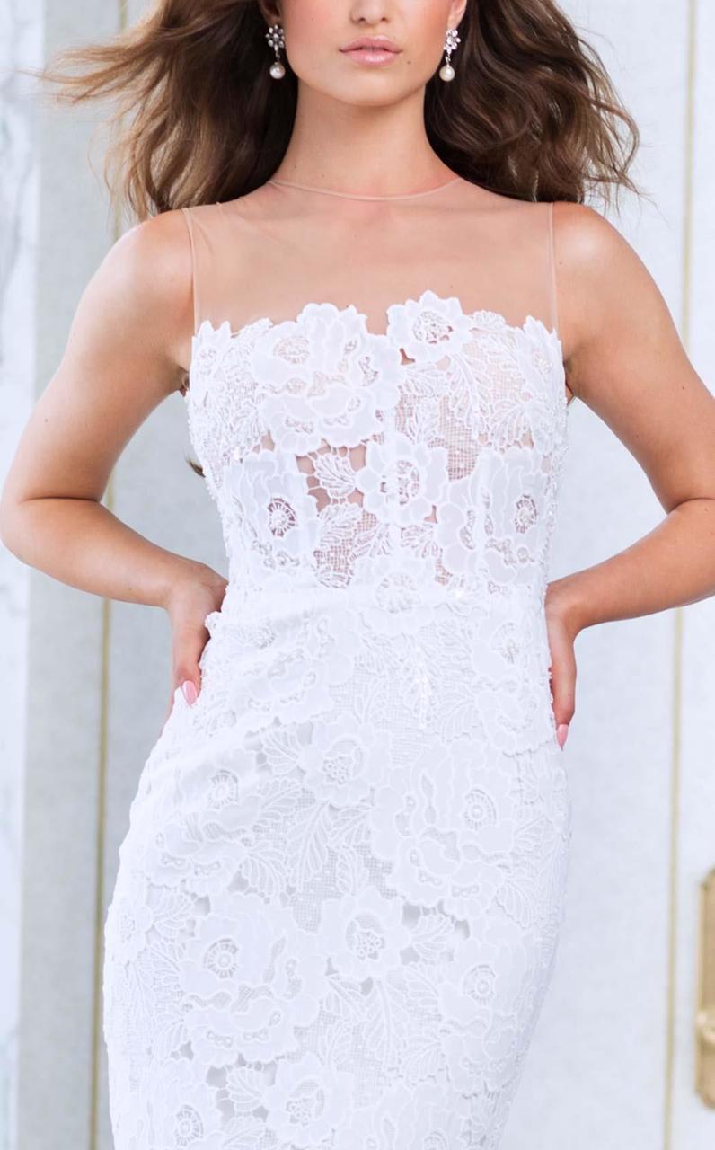 Tarik Ediz - Lace Illusion Jewel Neck Dress 50069 in White