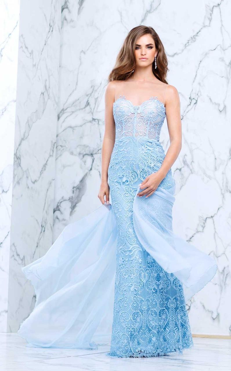 Tarik Ediz - Lavish Lace Sheer Evening Dress 50103 in Blue