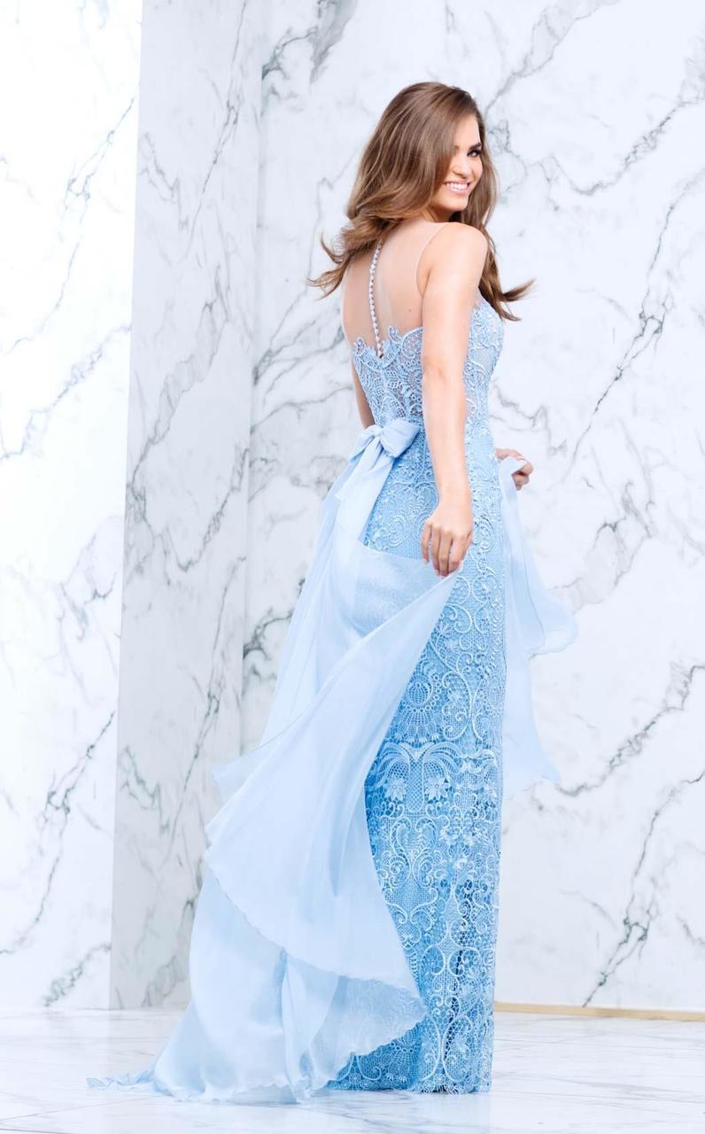 Tarik Ediz - Lavish Lace Sheer Evening Dress 50103 in Blue