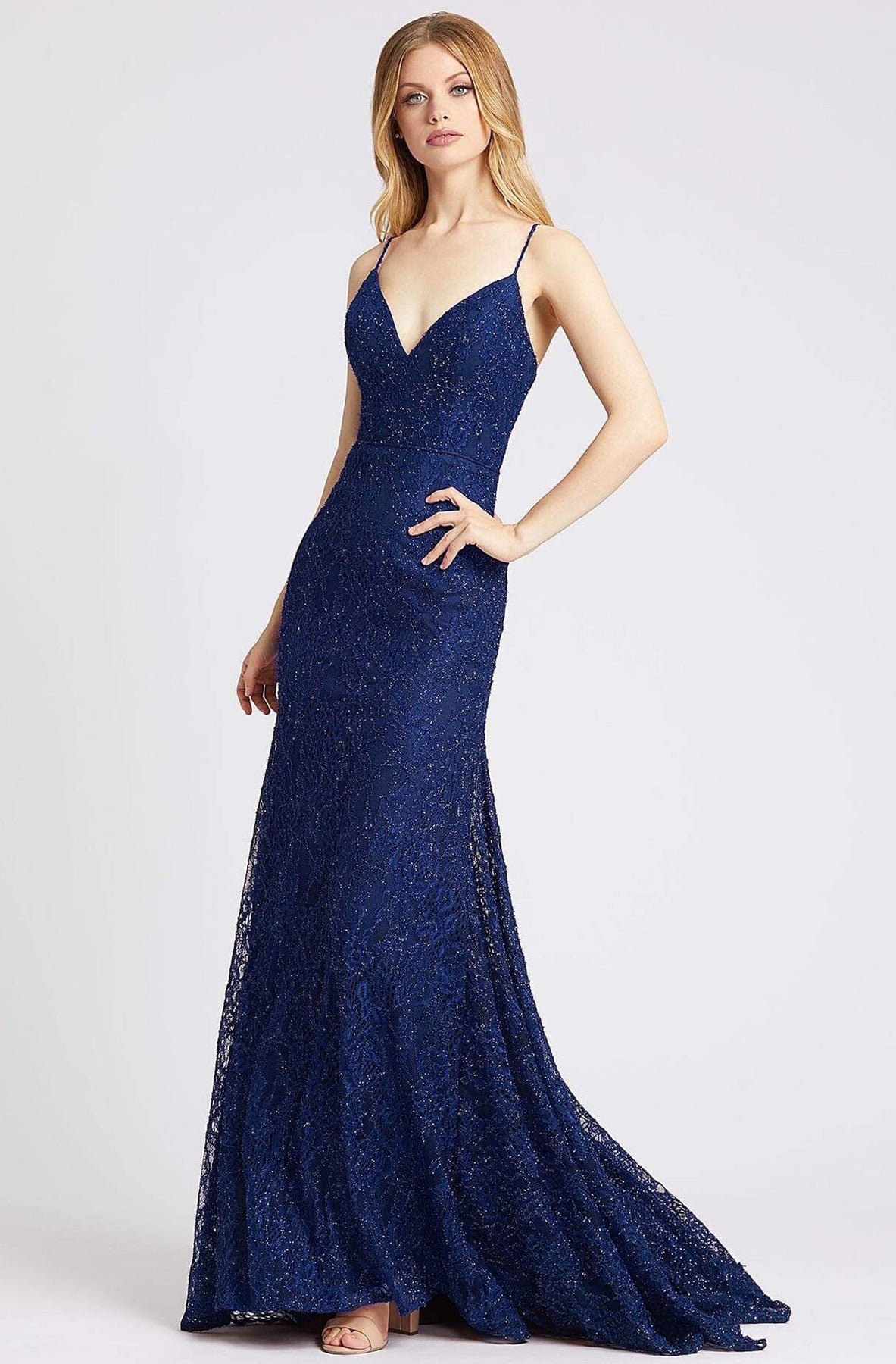 Mac Duggal Flash - 77771L Embroidered Plunging V-neck Trumpet Dress In Blue