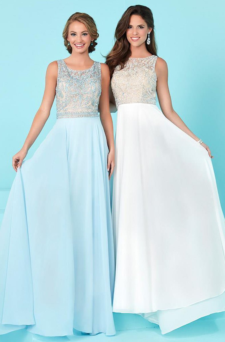 Tiffany Homecoming - Alluring Beaded Bateau Illusion Neck Chiffon A-line Dress 16244 In Blue and White