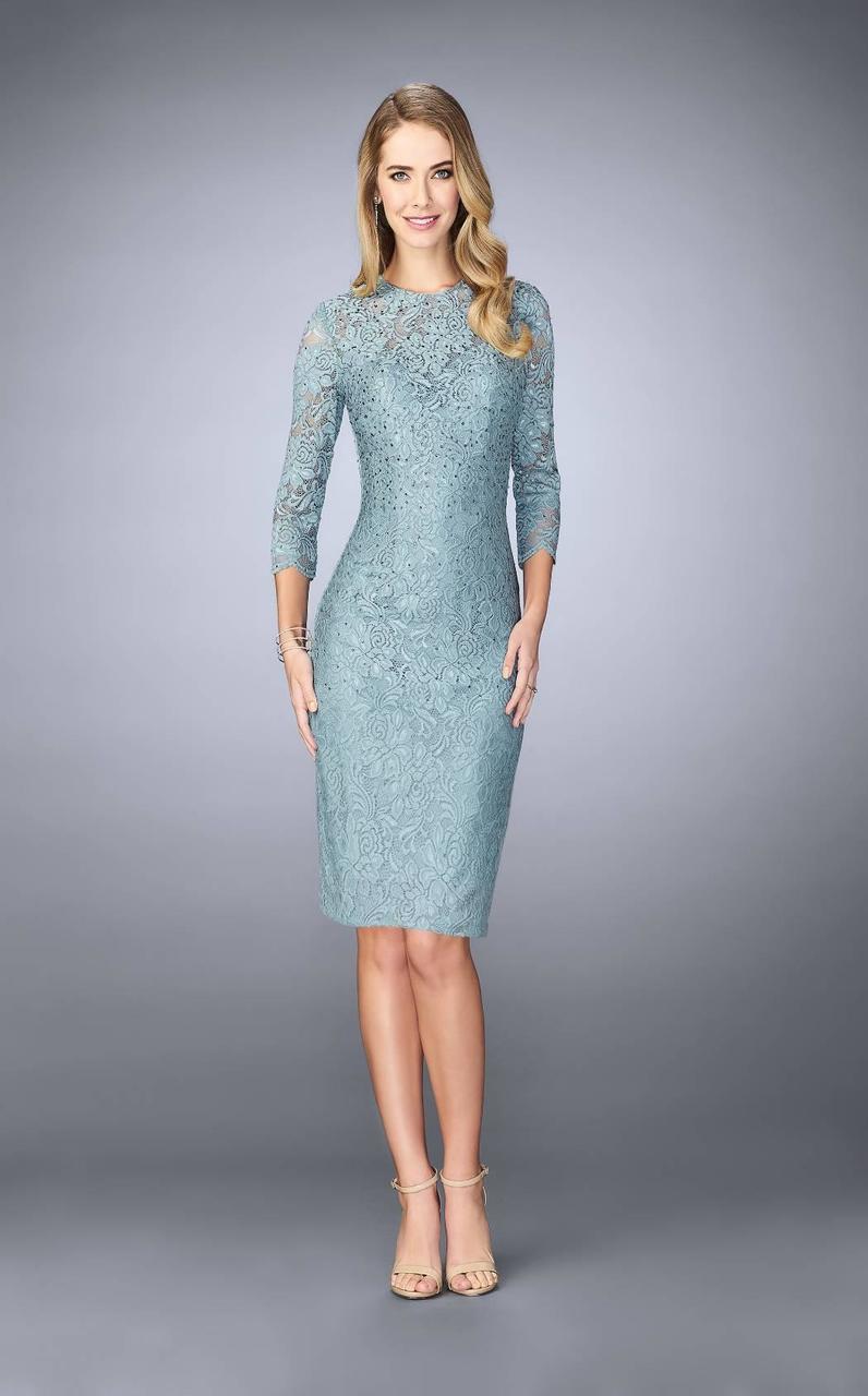 La Femme Laced Jewel Neck Column Dress 23149 In Smoky Blue
