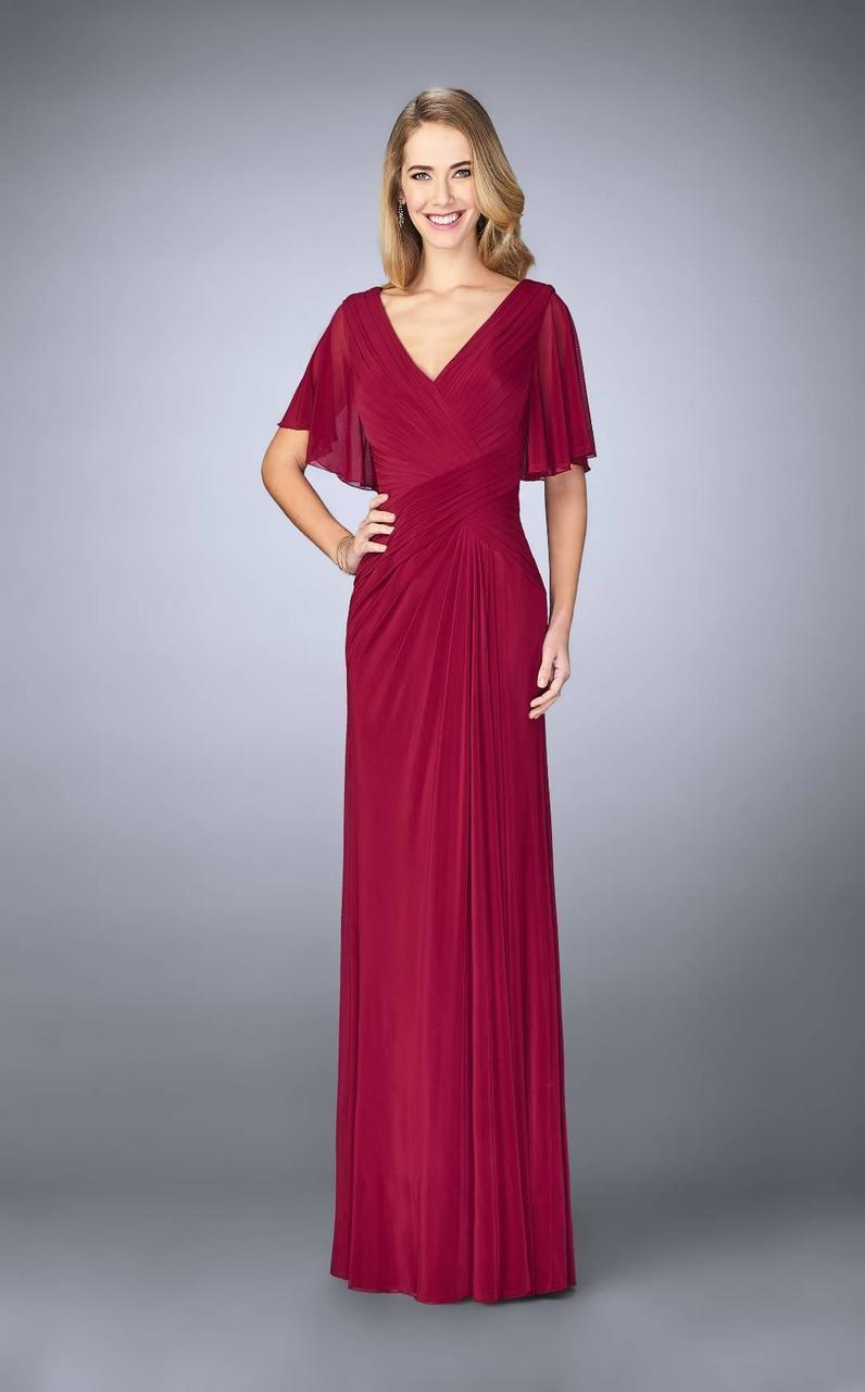 La Femme - Ruched V Neck Criss Cross Waist Flutter Sleeves Gown 23160 in Red