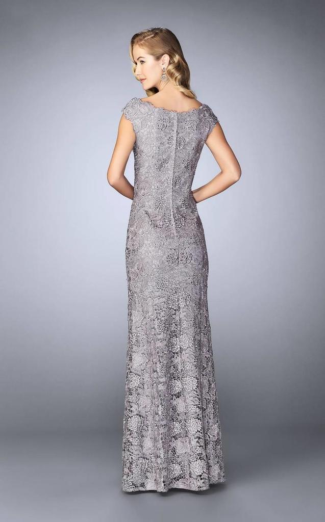 La Femme - 24860SC Floral Lace Bateau Neck Long Formal Dress