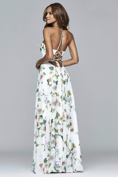 Faviana - 7946 Chiffon v-neck dress with full skirt and lace-up back In White