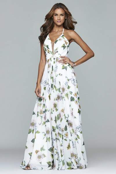 Faviana - 7946 Chiffon v-neck dress with full skirt and lace-up back In White