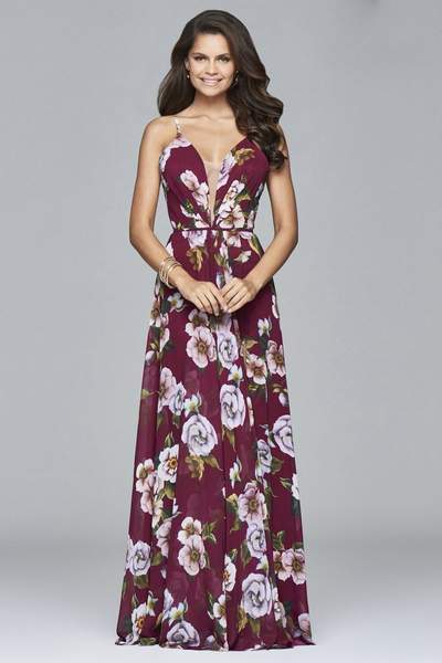 Faviana - 7946 Chiffon v-neck dress with full skirt and lace-up back In Red