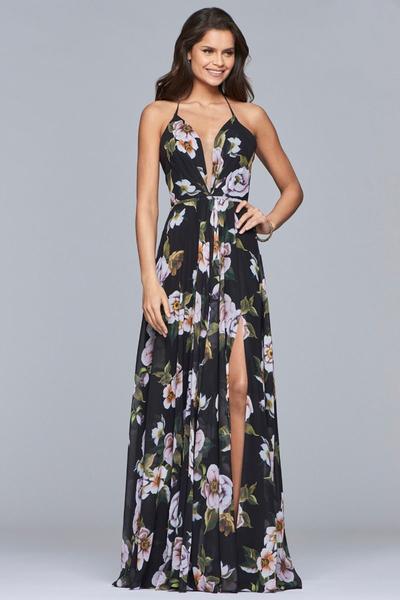 Faviana - 7946 Chiffon v-neck dress with full skirt and lace-up back In Black