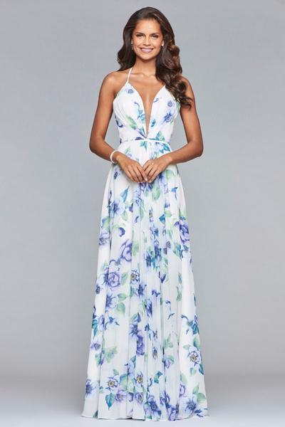 Faviana - 7946 Chiffon v-neck dress with full skirt and lace-up back In Purple