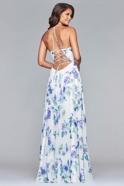 Faviana - 7946 Chiffon v-neck dress with full skirt and lace-up back In Purple