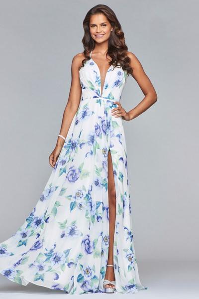 Faviana - 7946 Chiffon v-neck dress with full skirt and lace-up back In Purple