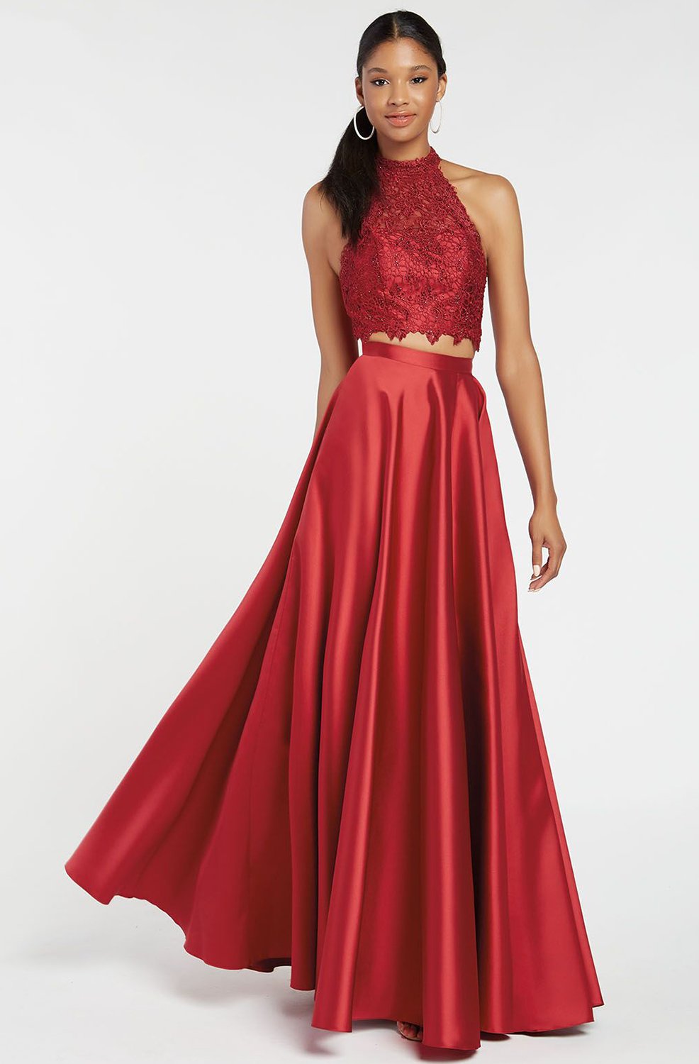 Alyce Paris 60329 - Long Mikado/Lace A-Line Dress - 2 Piece Set, Lace  Appliqued Crop Top, Sleeveless, Cutout Back, Mikado Fabric Skirt, Side  Slit, Back Zipper Closure  ADASA