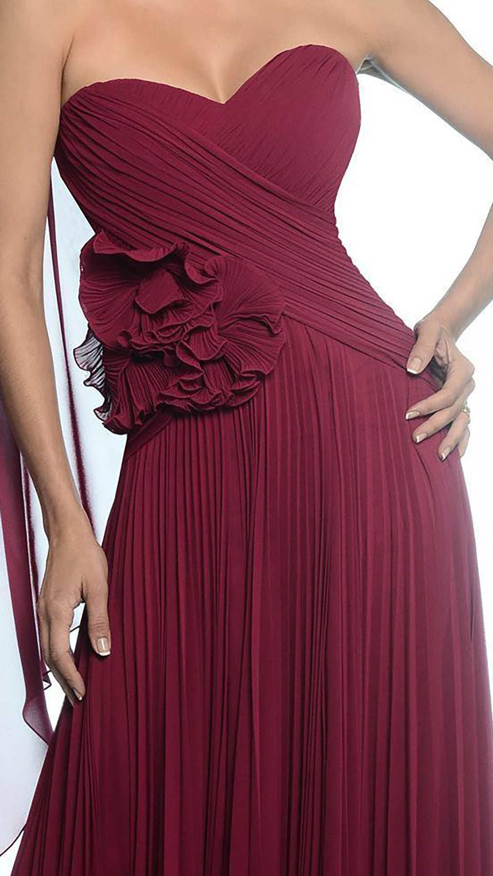 Daymor Couture - 811 Ruched Strapless Floral Long Gown in Red