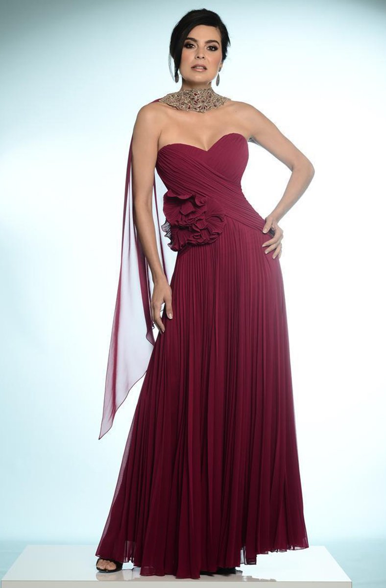 Alexander by Daymor - 811SC Floral Accented Shirr-Ornate A-Line Dress