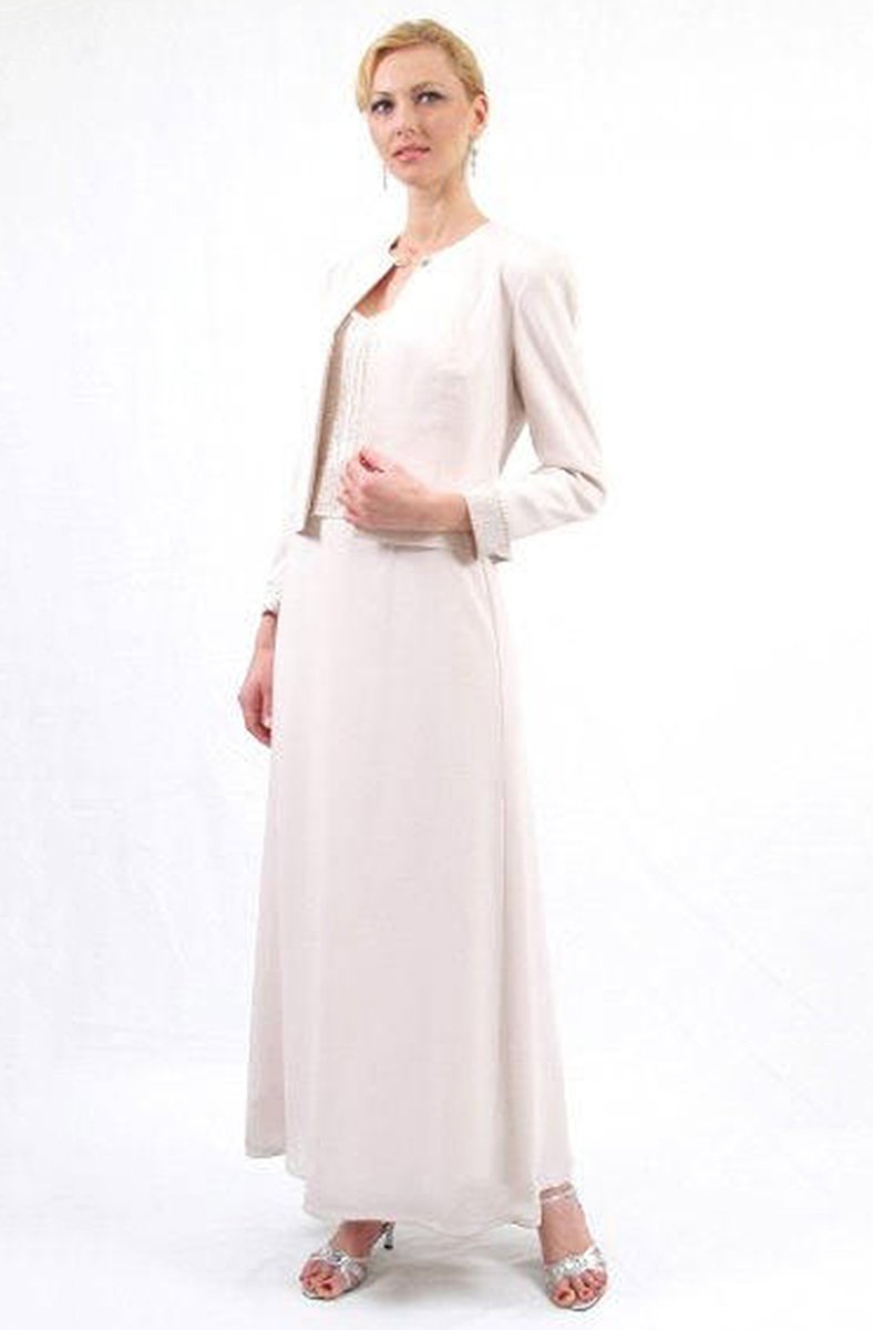 Daymor Couture - 8130 Beaded V-Neck Dress with Jacket in Bone