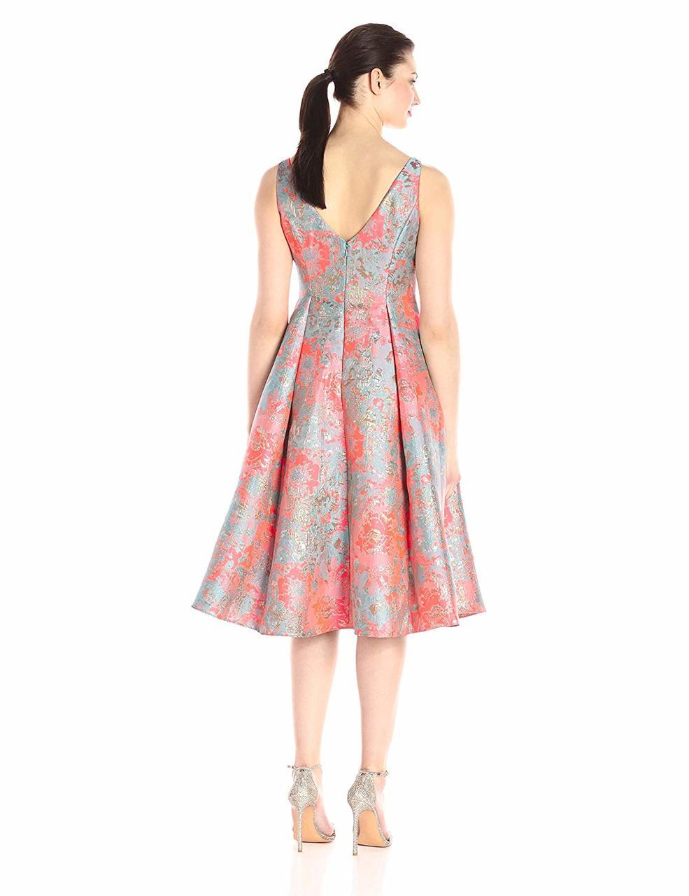 Adrianna Papell - 41926670 Metallic Jacquard Pleated Tea Length Dress in Pink and Multi-Color